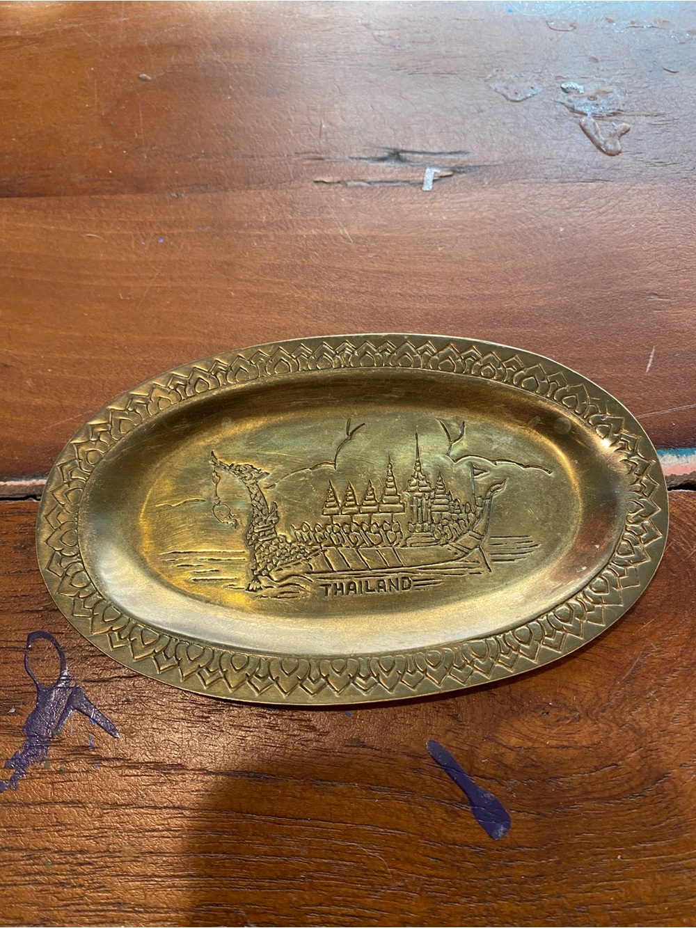 Thailand Brass Decorative Mini Tray - Gold Oval Souvenir